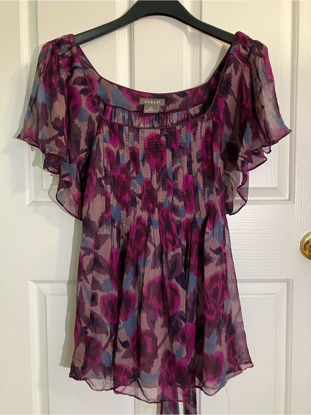 Kenar Women's Purple Floral Sheer Flutter Sleeve Top with Integrated Camisole